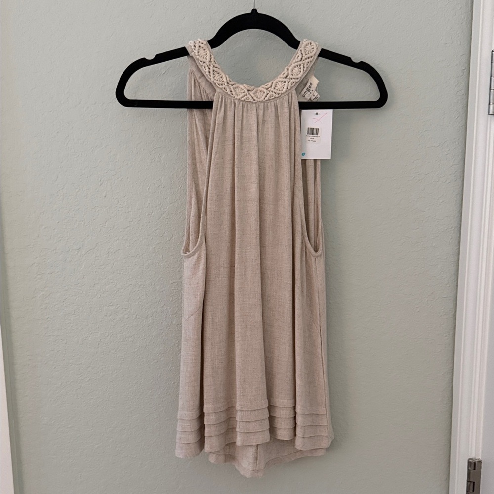 Crochet Neckline Sleeveless top in Light Beige